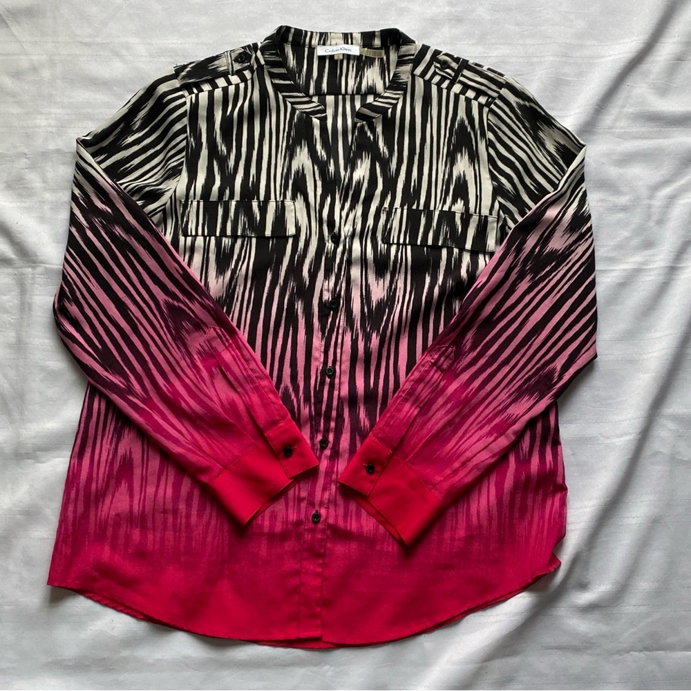 Calvin Klein Popover Top Pink/BLK/WHT Ombre Animal Print Roll Tab Sleeves Large